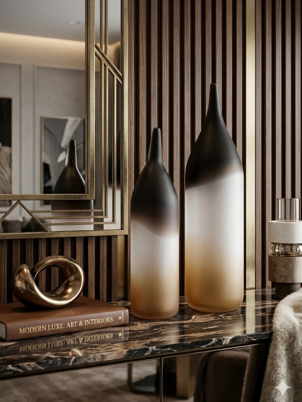 Two-Piece Gradient Black and Cream Decorative Bottle Vases